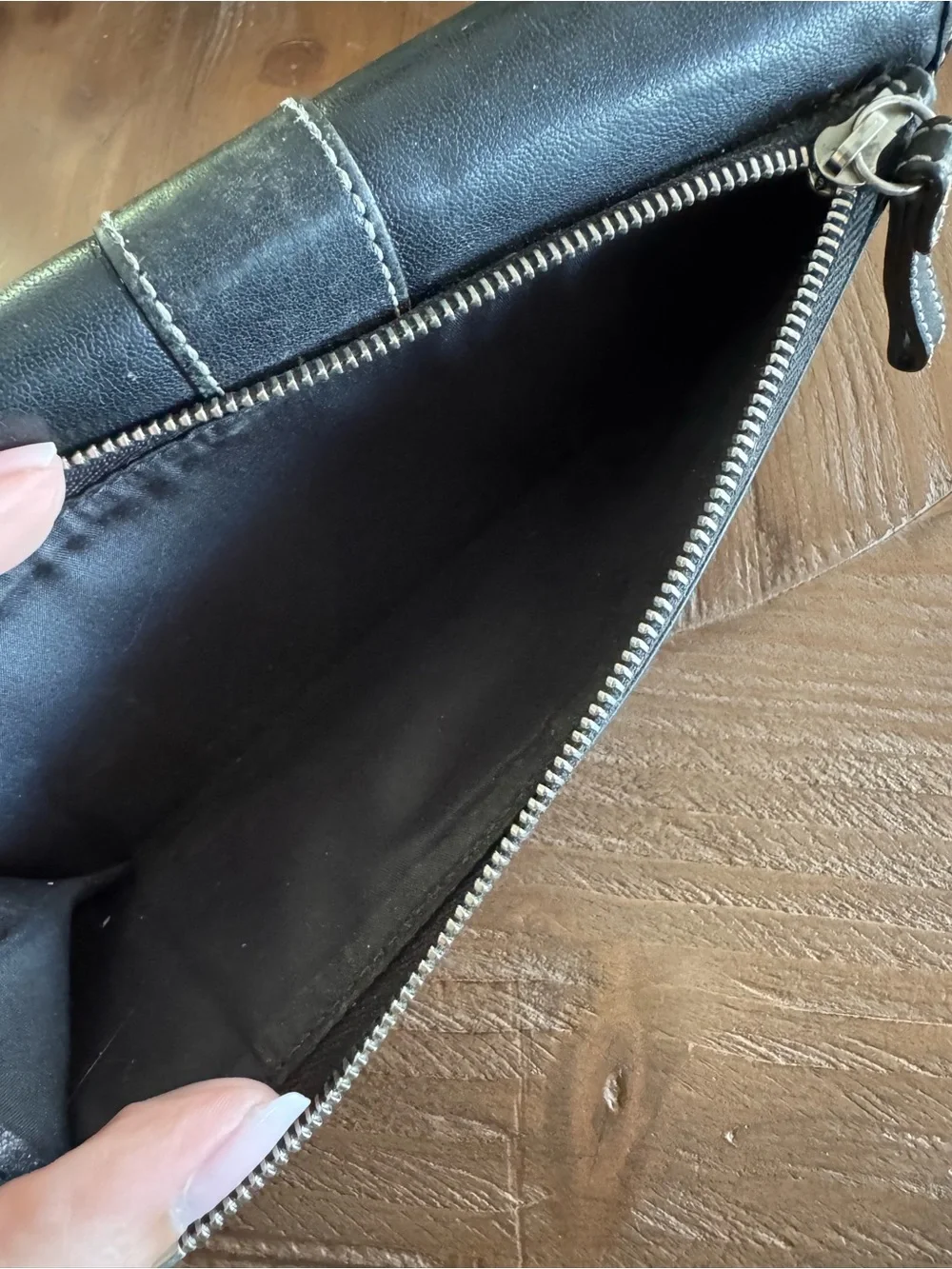 Coach Black Leather Wallet with White Contrast Stitching
